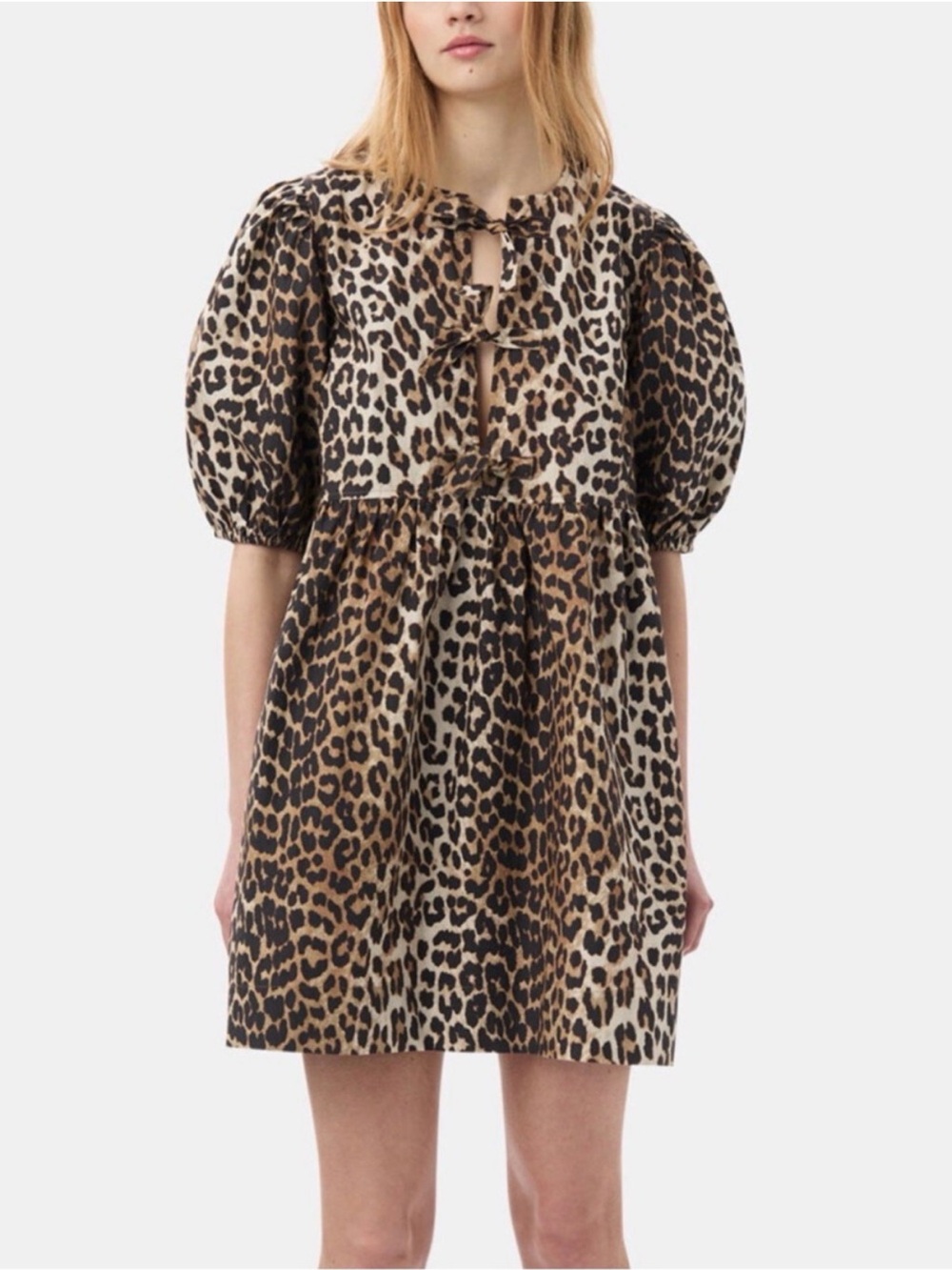 GANNI Leopard Print Organic Cotton tie string Puff Sleeve Mini Dress